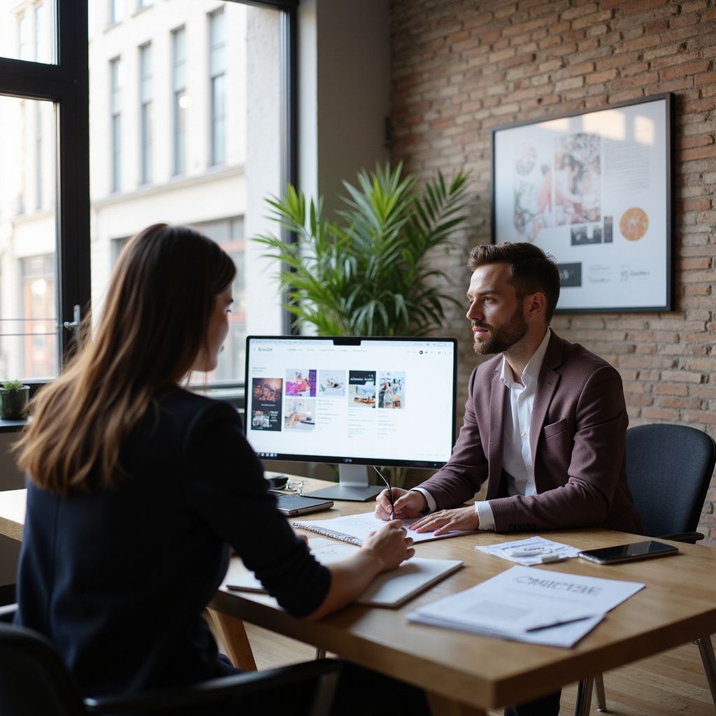 Two people, one with long brown hair, the other with short hair and a suit, at a desk in an office.