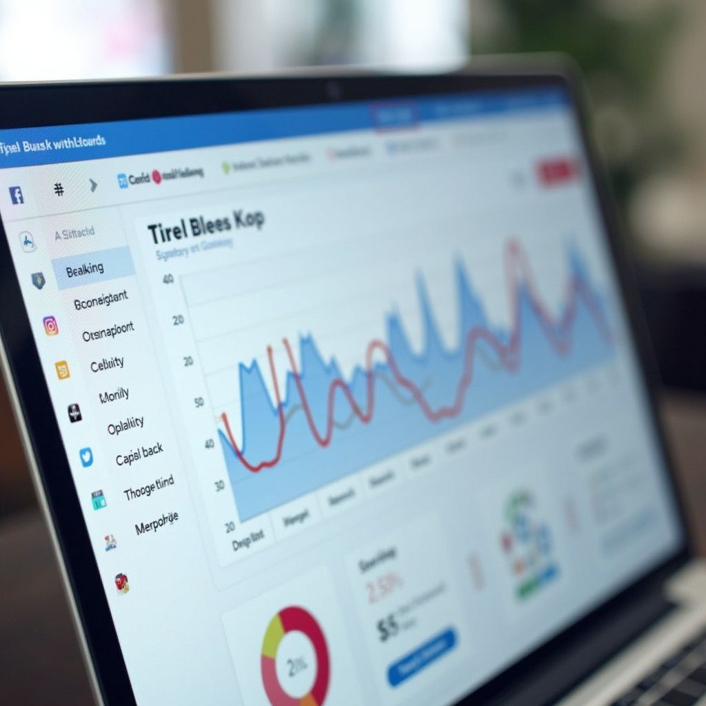 Laptop displaying a financial dashboard with graphs and charts in blue, red, and white.