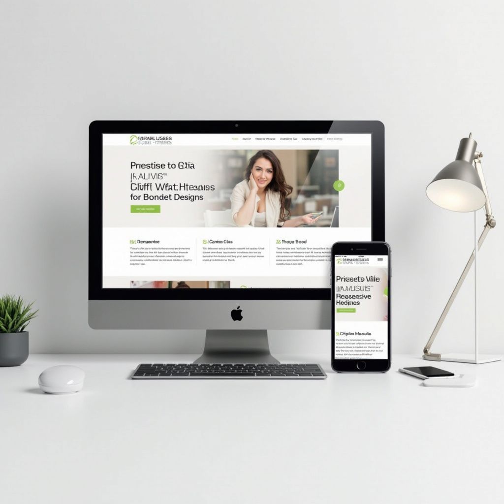 Computer and smartphone displaying a website on a desk with a lamp and plant.