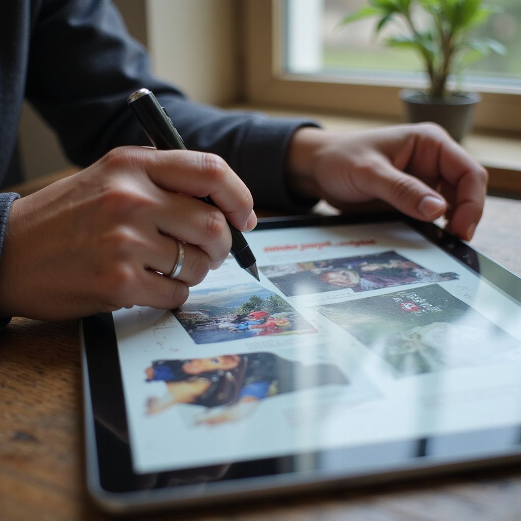 Person using a stylus on a tablet, reviewing images, indoors.