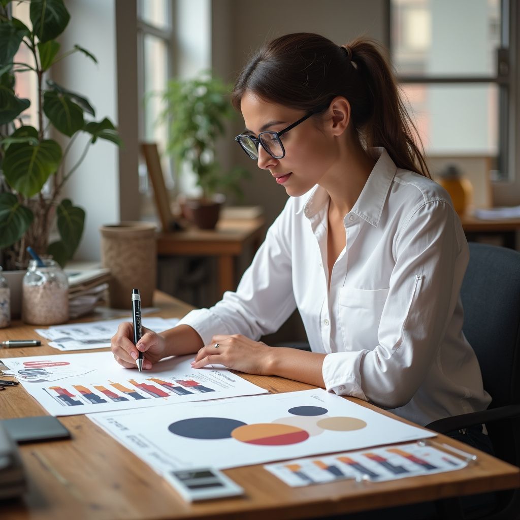Woman in glasses, white shirt, ponytail, writing on charts at a wooden desk in a bright office.