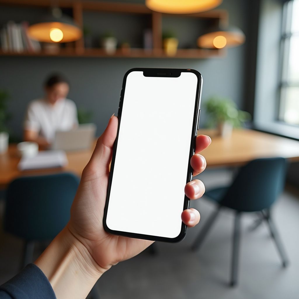 Hand holding a blank smartphone screen in an office. A person works in the background.