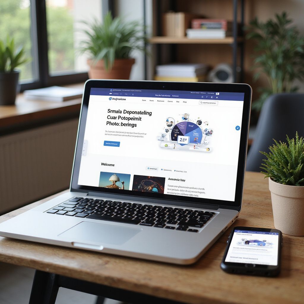 Laptop and phone on a wooden desk displaying a website with charts and text, near a small plant.