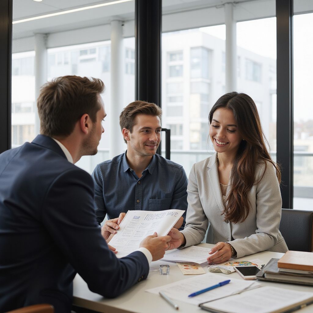 Three people at a table reviewing documents. Smiling woman, man in blue shirt, and person in a suit. Office setting.