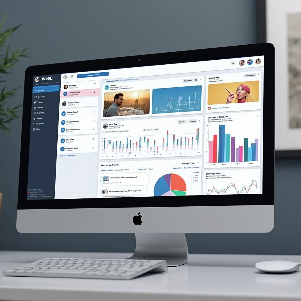 Desktop computer displaying a dashboard with charts, graphs, and social media feed.