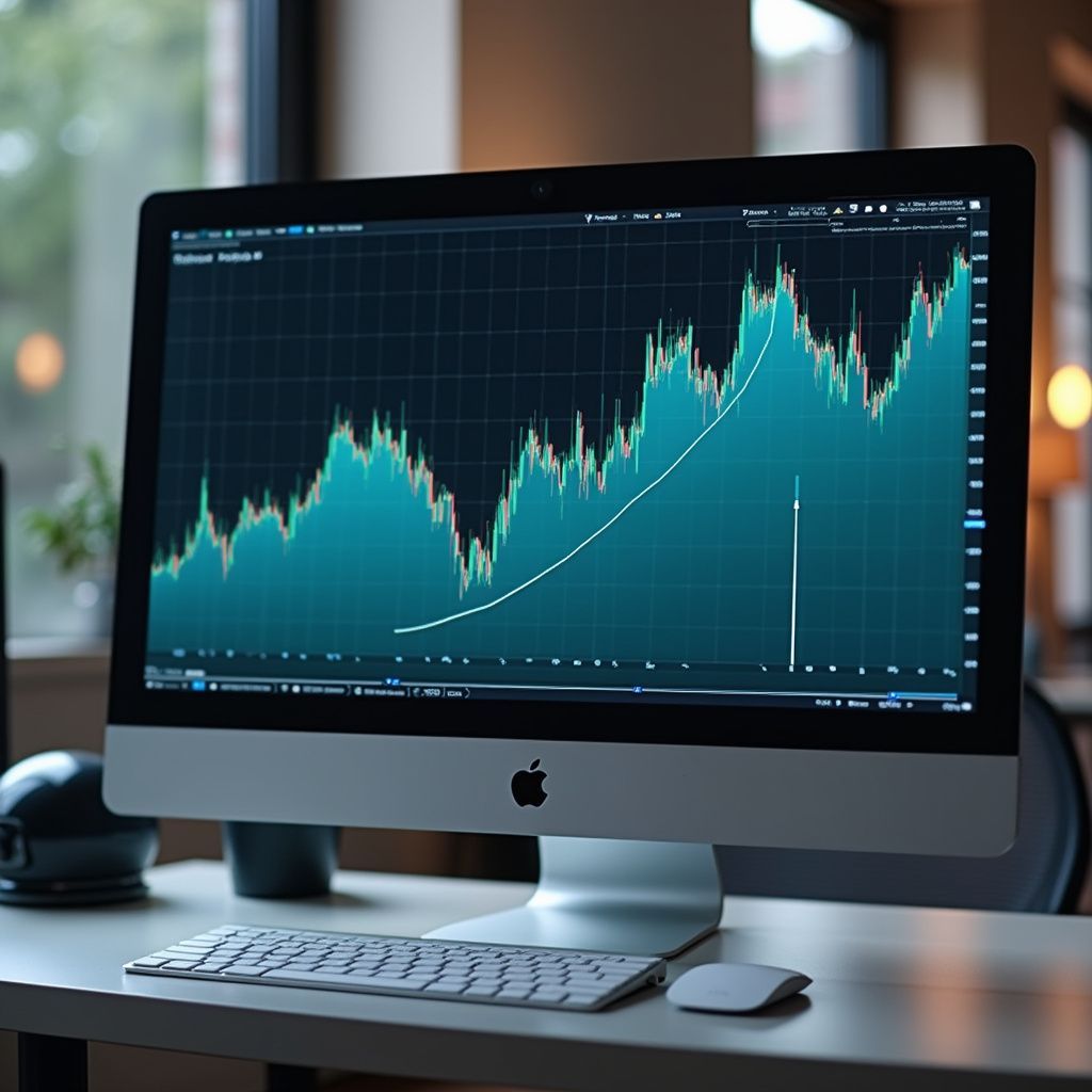 Apple computer displays a stock market graph, showing rising trends and fluctuations.