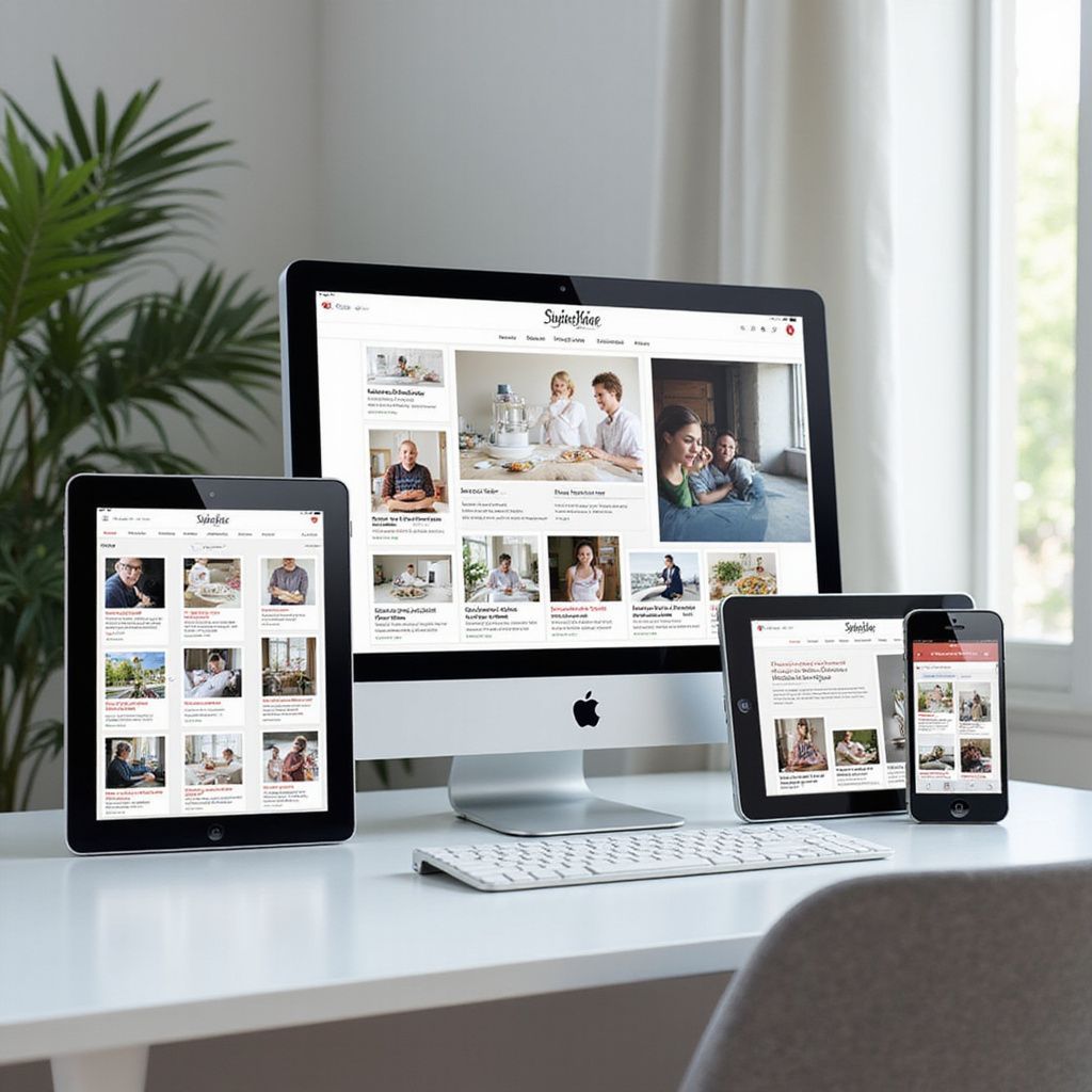 Website displayed on various devices: desktop, tablet, and phone, arranged on a white desk near a window.