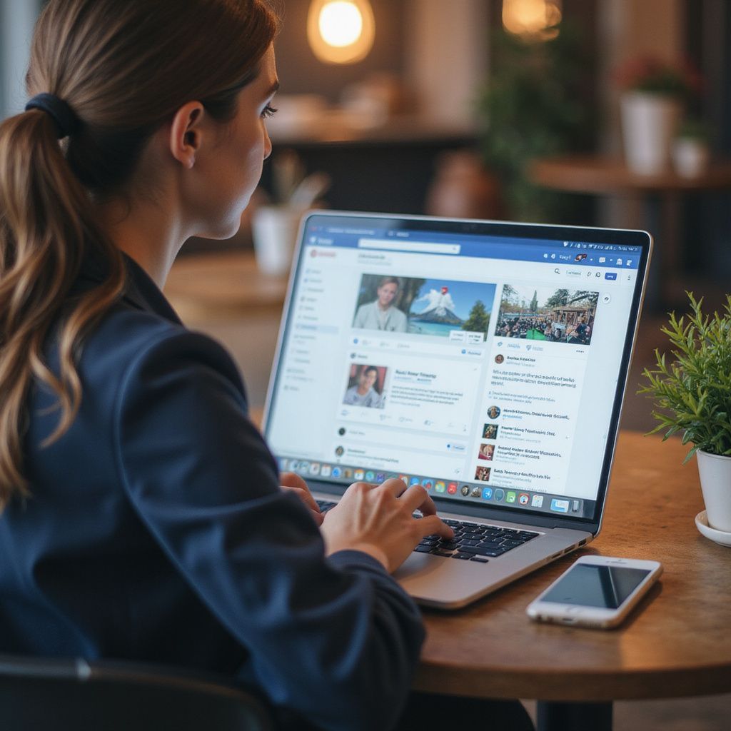 Woman in navy blazer using a laptop, possibly on Facebook, at a wooden table in a cafe, smartphone beside.