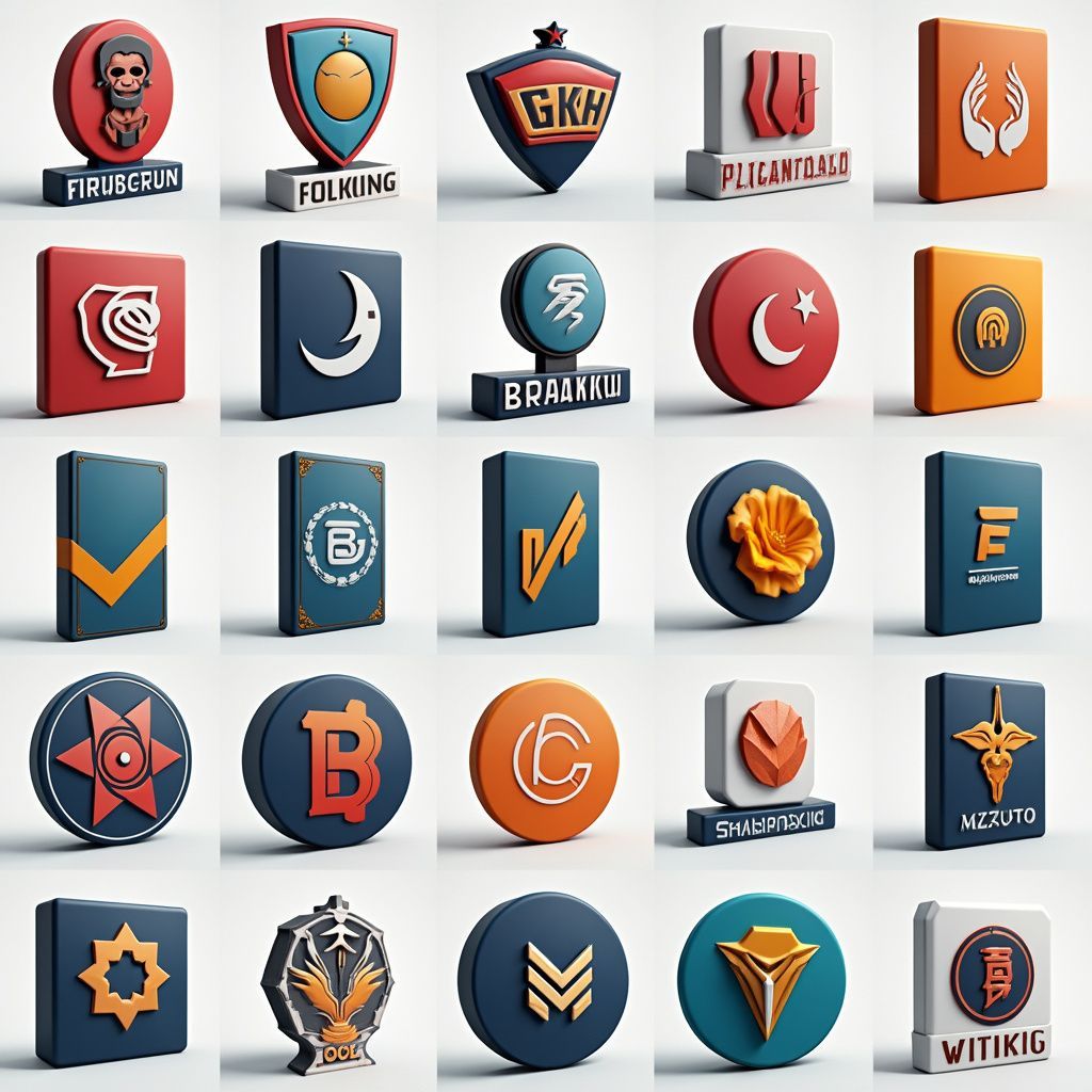 Twenty-five 3D icon logos in various shapes and colors with unique designs.