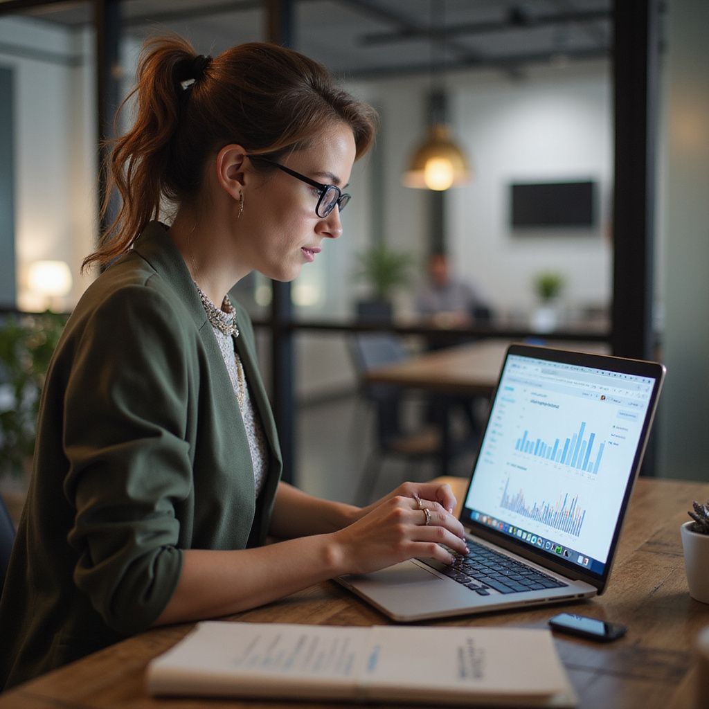Woman in glasses working on laptop, reviewing charts in office setting.