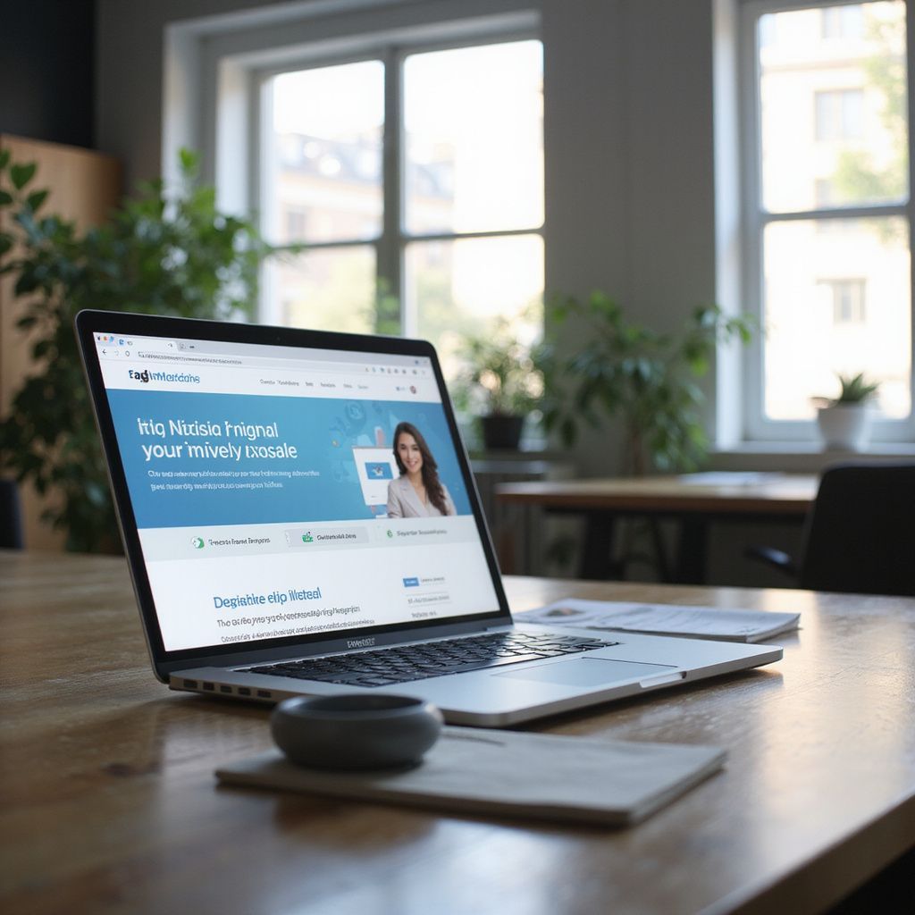 Laptop displaying website on a wooden desk near a window, with papers and a small bowl.
