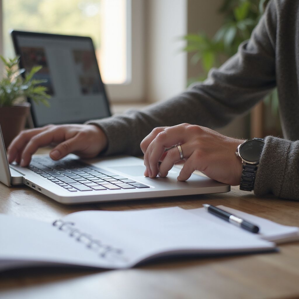 Person typing on laptop, notebook and pen on desk.