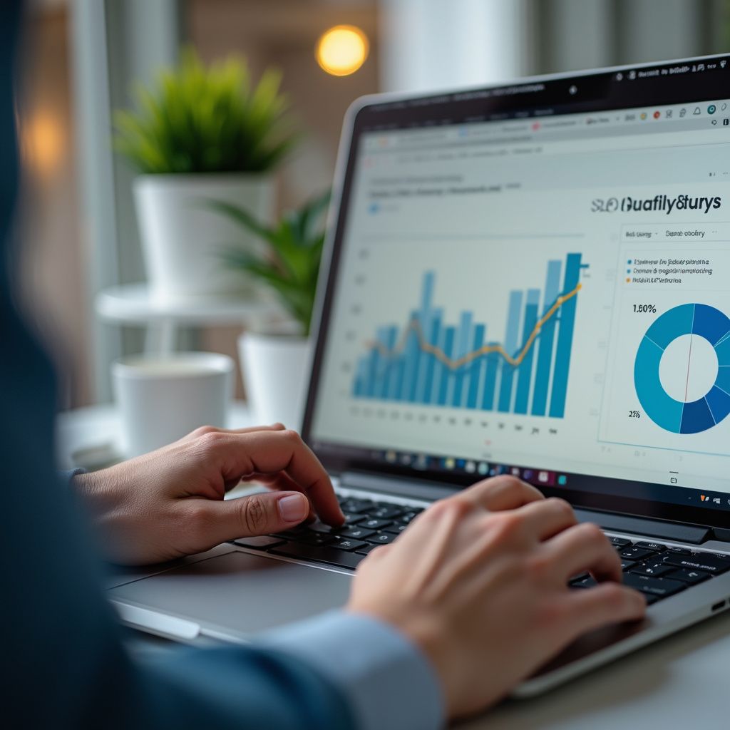 Person using laptop, analyzing financial charts with bar graph and pie chart.