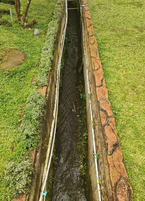 Narrow water channel flanked by brick walls and green grass.