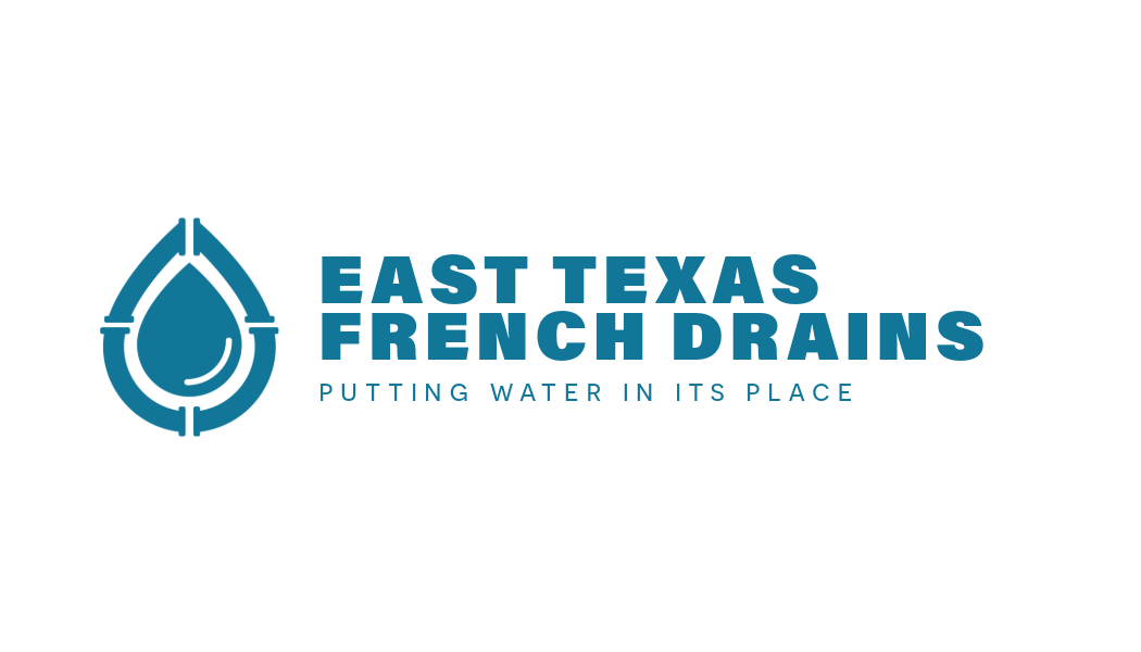 Logo for East Texas French Drains: water droplet icon, teal text on white background.