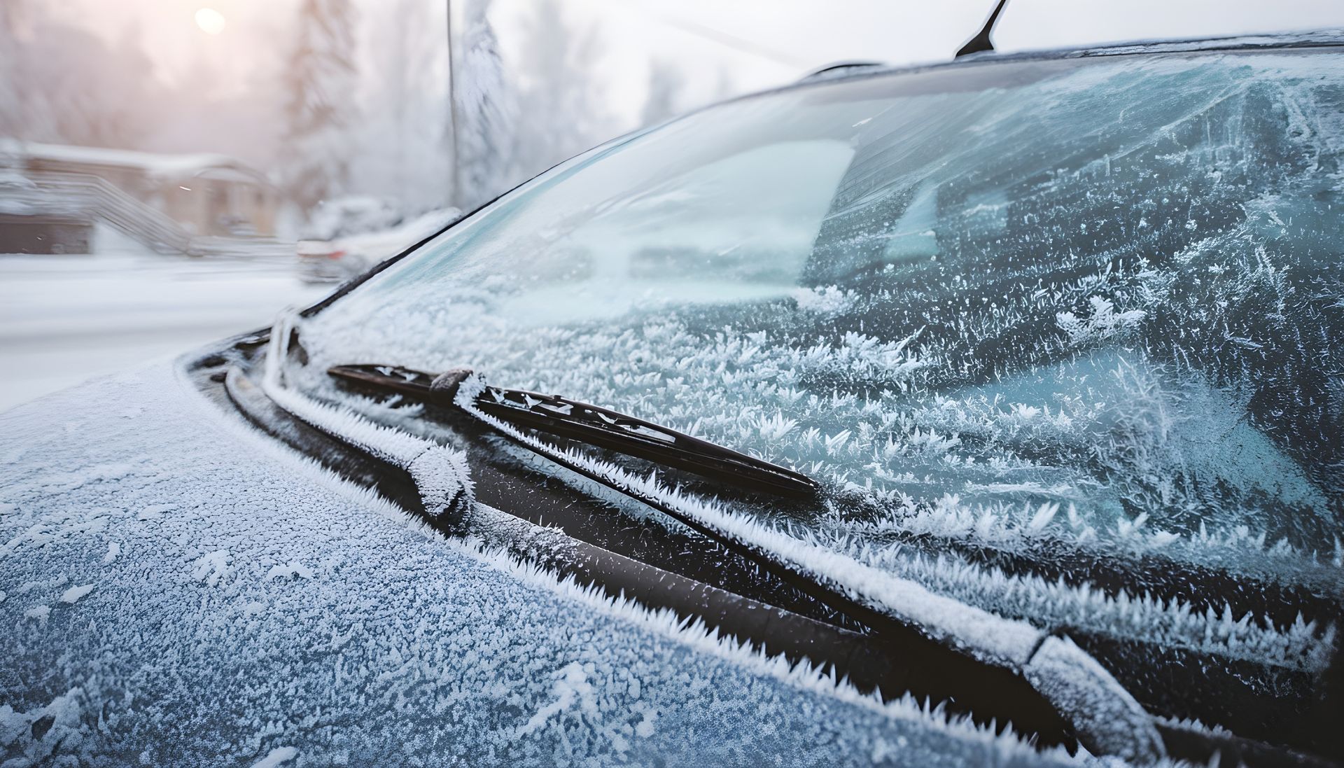 Car windshield covered in frost, winter scene.