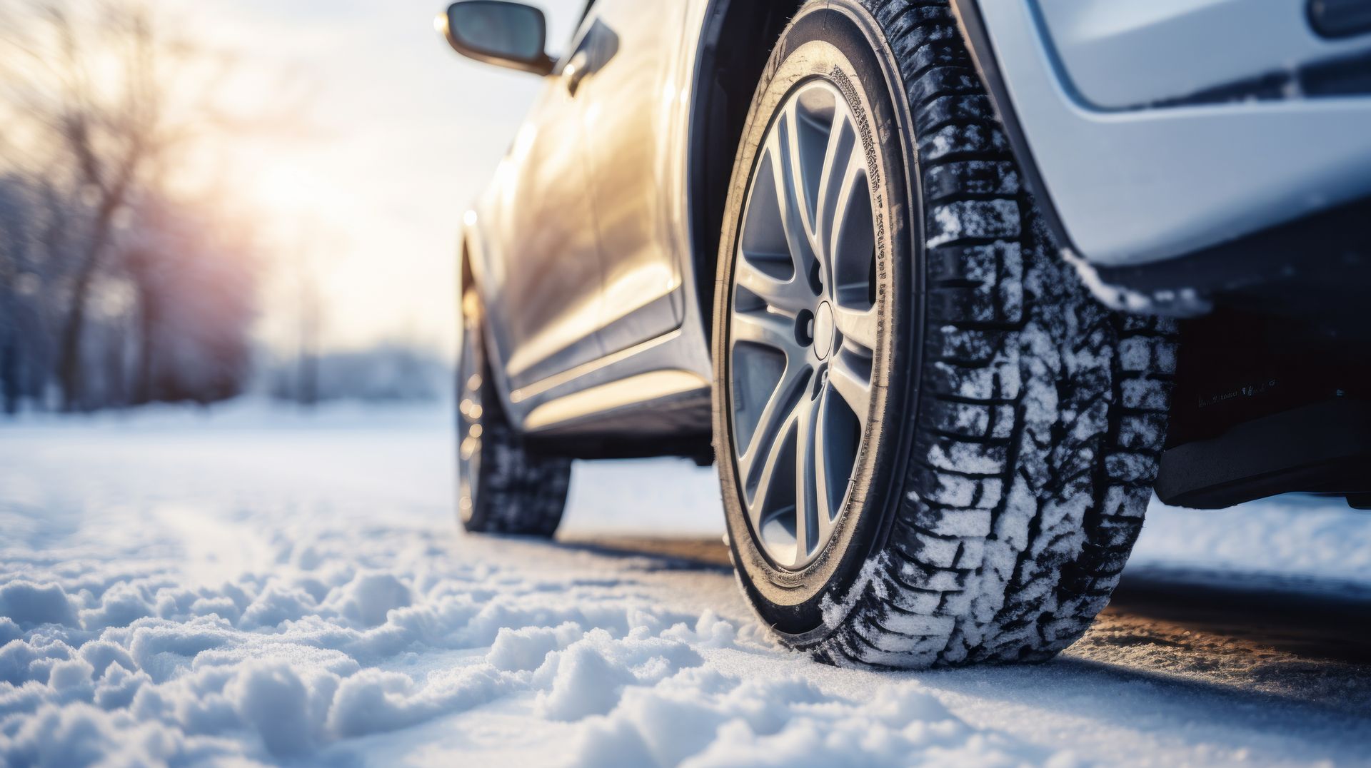 Car driving on a snow-covered road; a tire is in focus, snow is visible.