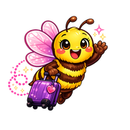 A smiling cartoon bee with luggage, waving, with pink wings, sparkle trail.