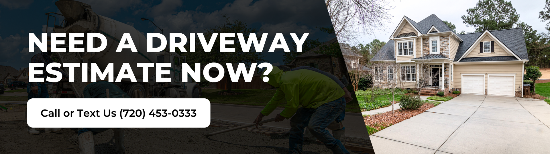Concrete driveway installation crew with residential driveway background and free estimate call-to-action banner.