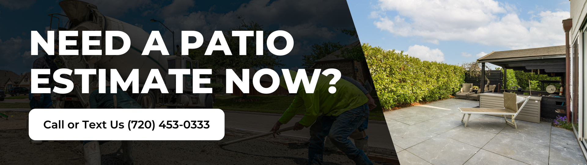 ANE Concrete crew finishing a concrete patio installation with a finished outdoor patio space in the background