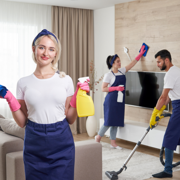 A man and two women are standing next to each other holding cleaning supplies.