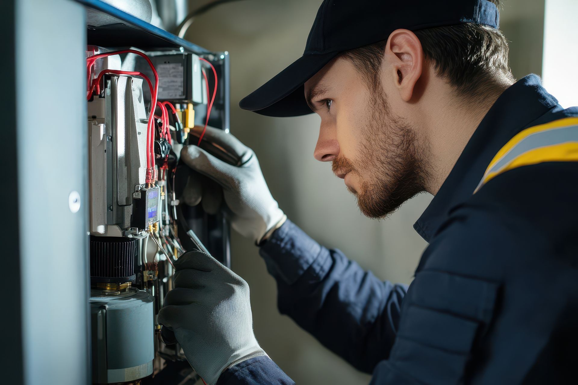 A technician wearing gloves services a furnace, demonstrating expertise in furnace repair. A technician wearing gloves services a furnace, demonstrating expertise in furnace repair.