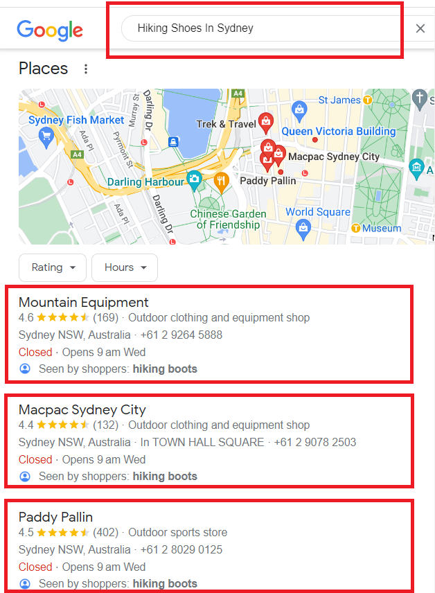 A google search for mountain equipment in sydney city