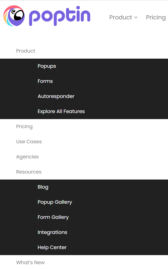 A screenshot of the poptin website showing the menu