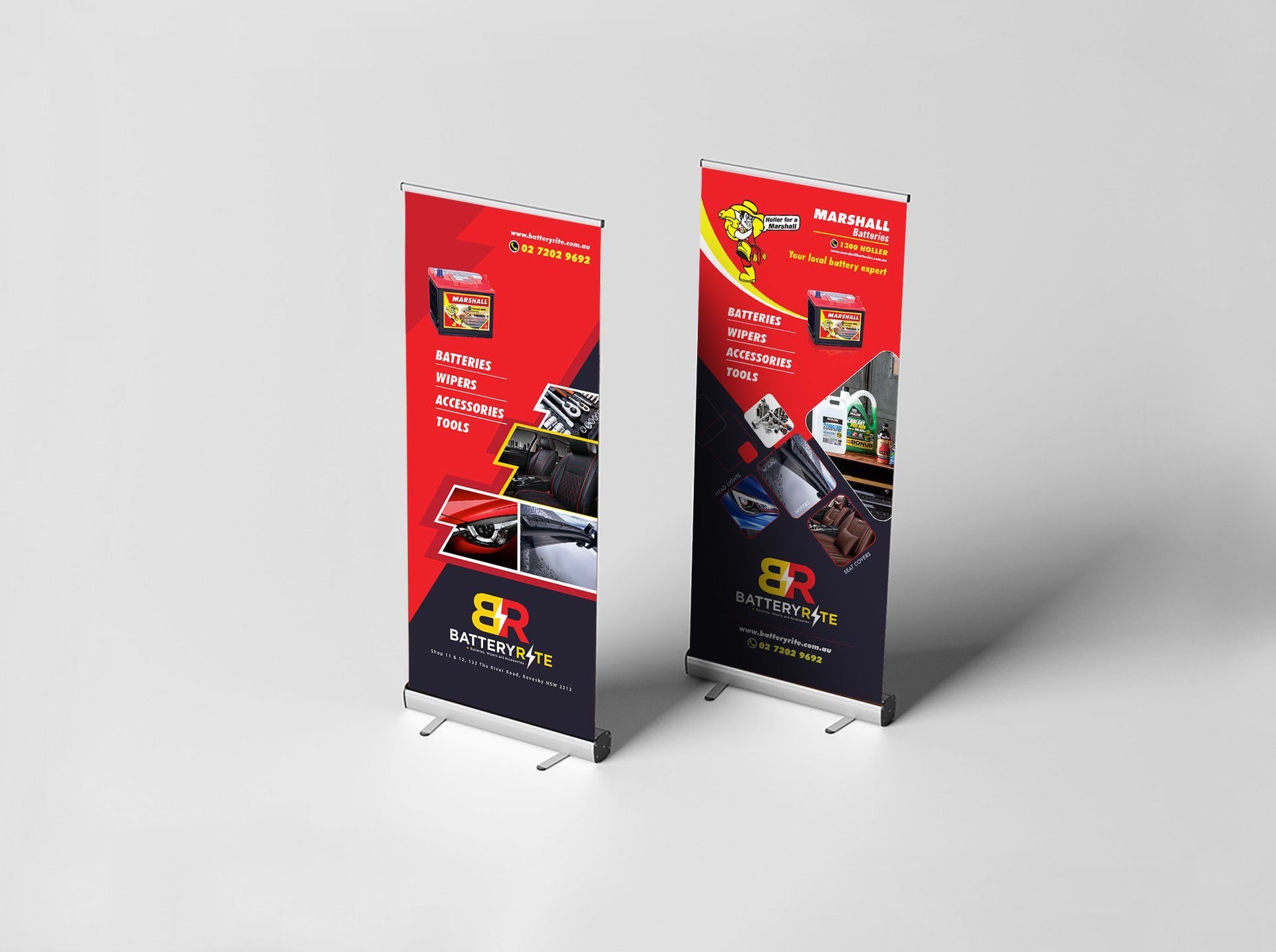 Two roll up banners with the letters br on them