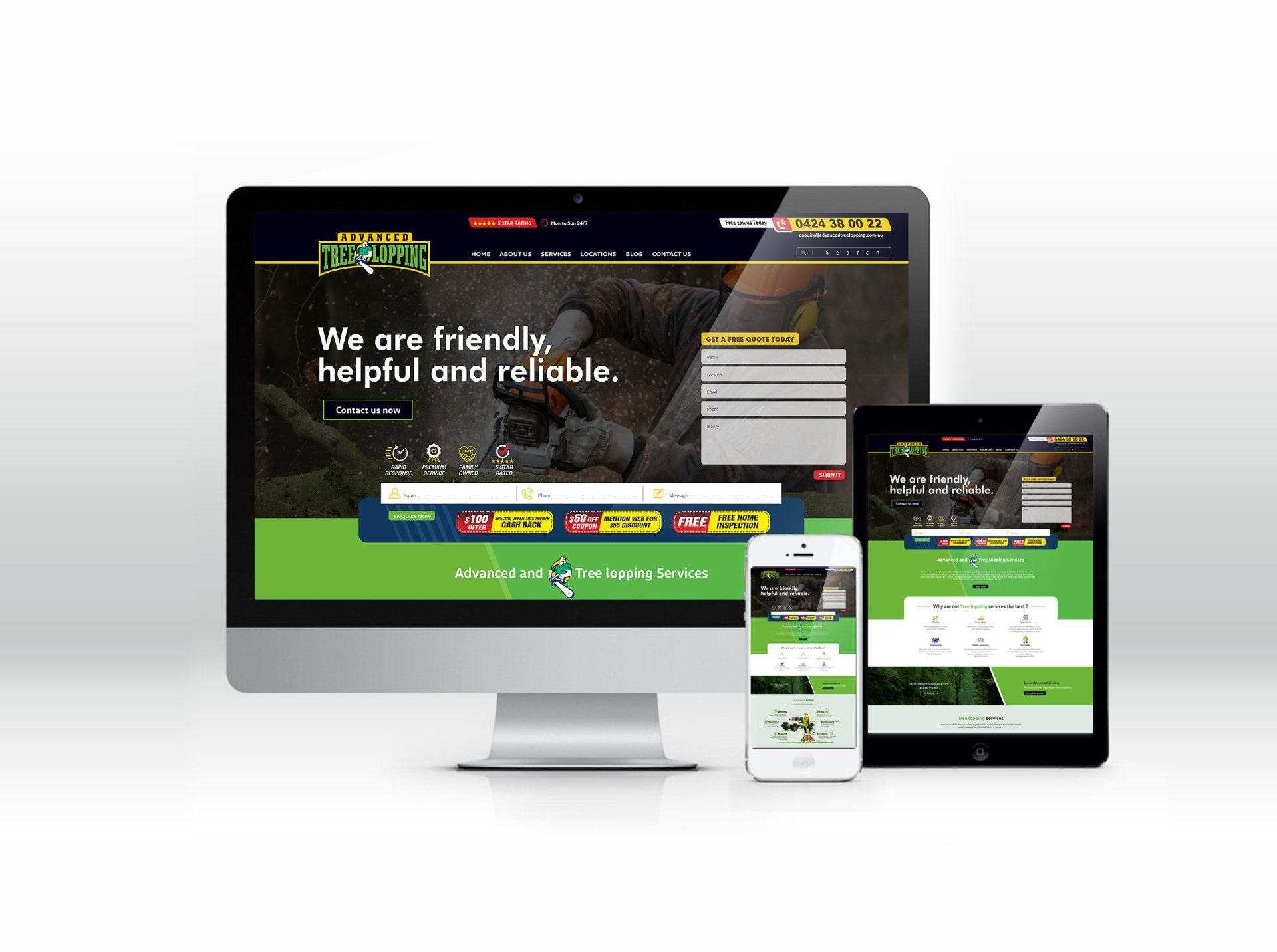 A computer monitor a tablet and a cell phone display a website that says we are friendly helpful and reliable