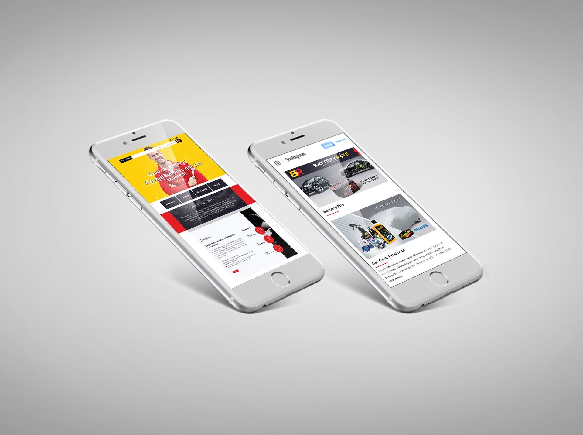 Two cell phones are displayed side by side on a gray background