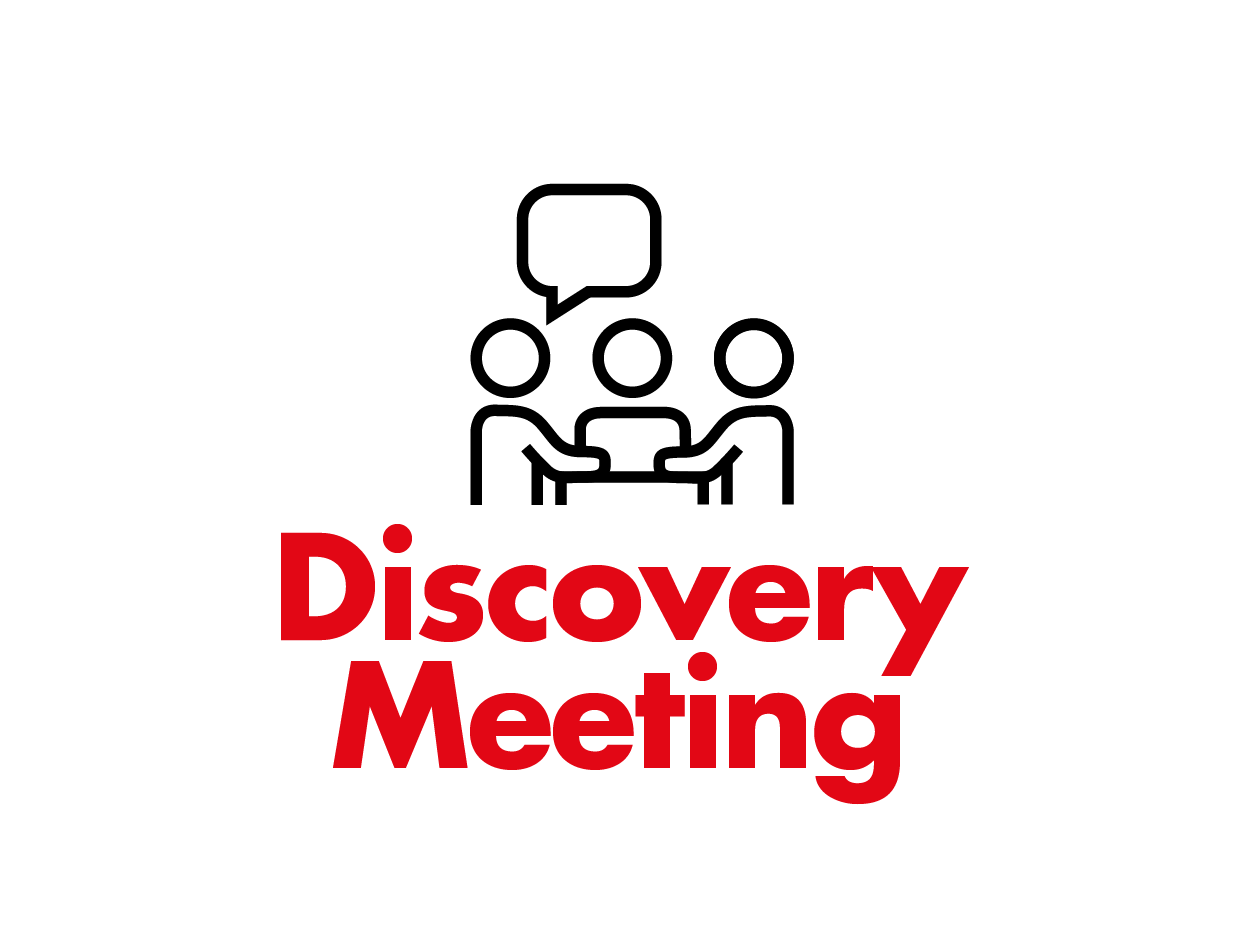 A logo for discovery meeting with a group of people sitting around a table.