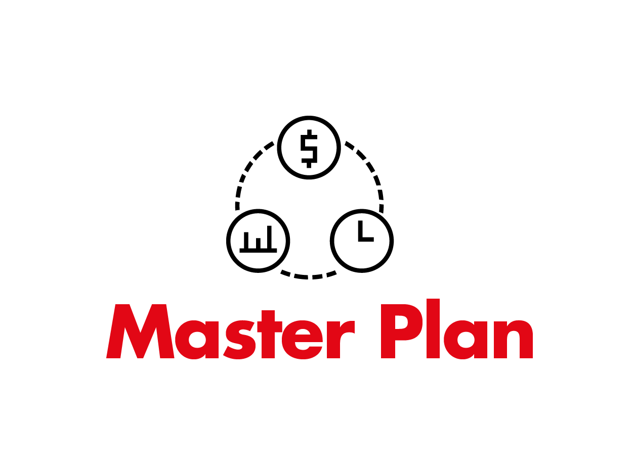 A master plan logo with a dollar sign , a graph and a clock