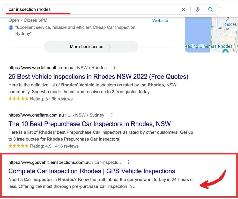 A google search for vehicle inspections in rhodes nsw