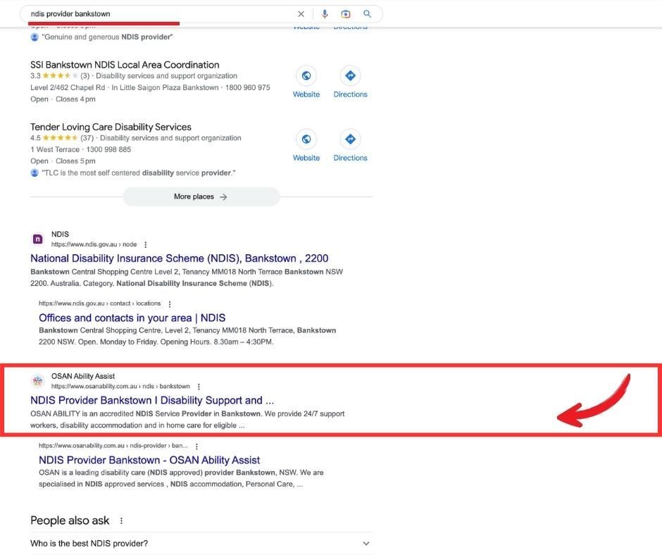 A screenshot of a google search page with a red arrow pointing to the top of the page.