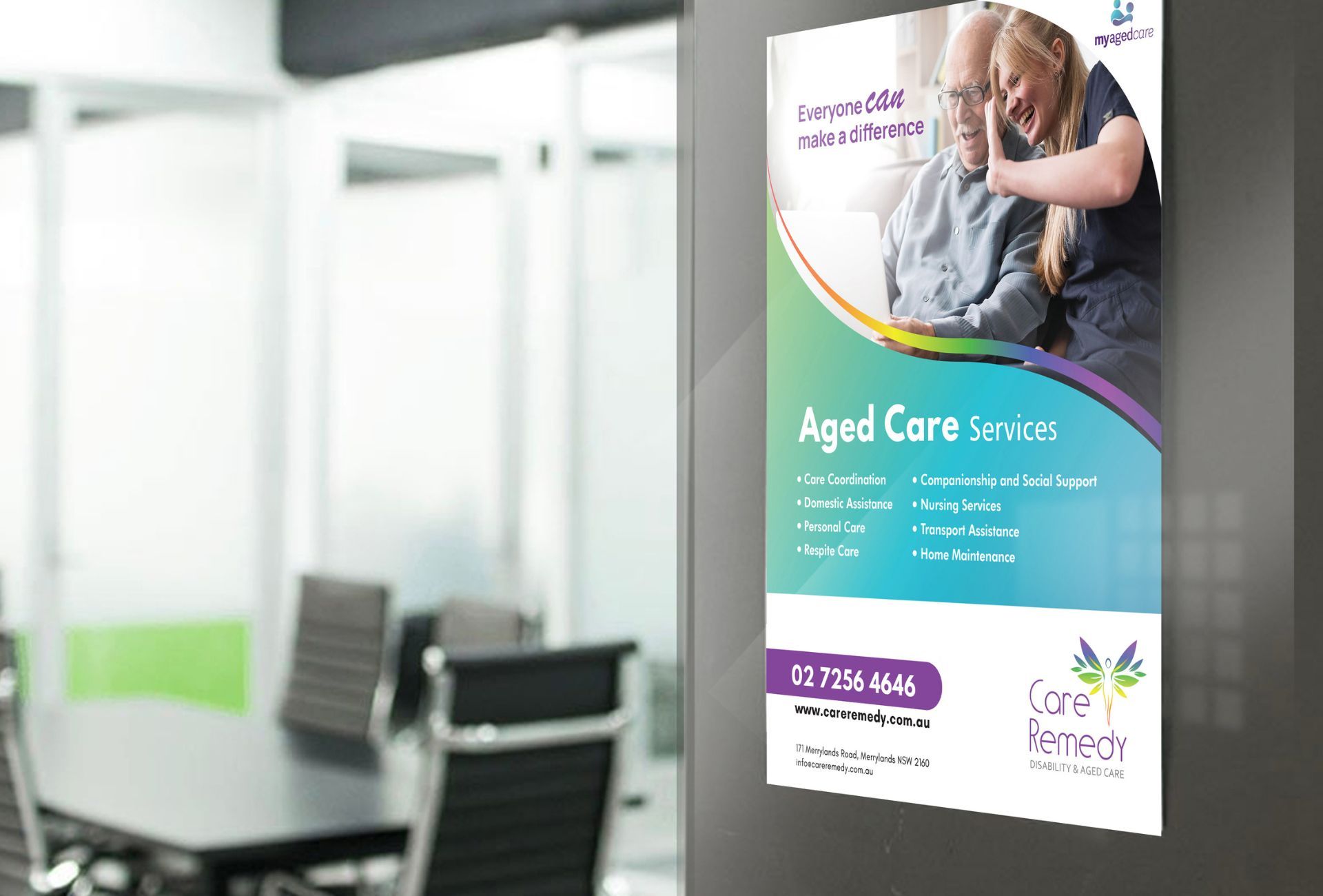 A poster for aged care is hanging on a wall