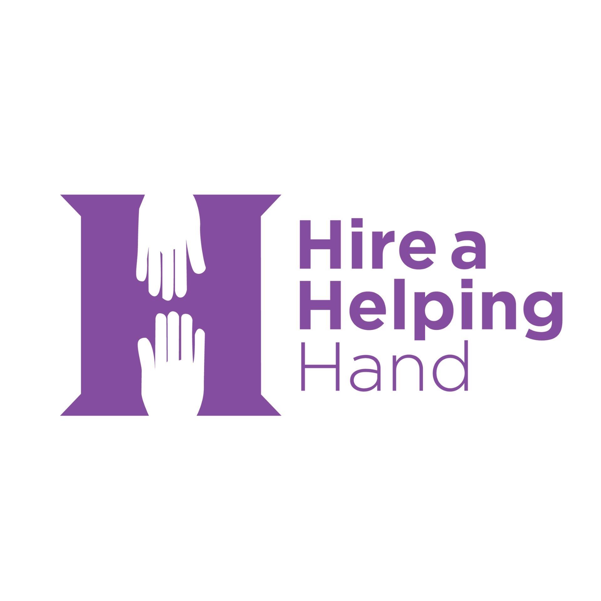 The logo for hire a helping hand shows two hands reaching out towards each other.