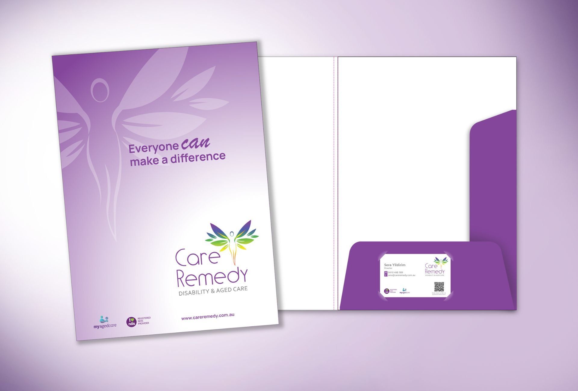 A purple folder with the words care connect on it