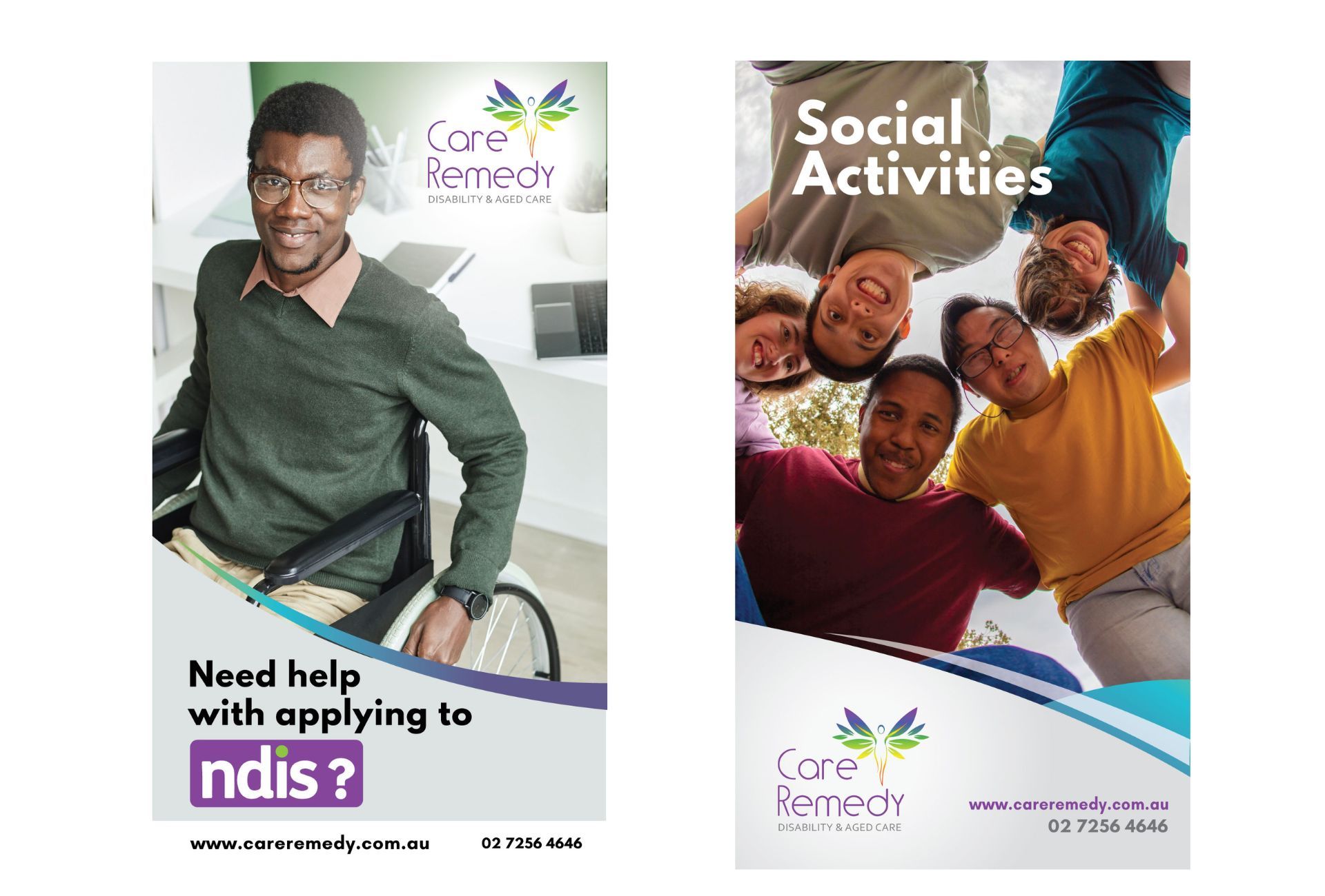 A man in a wheelchair next to a poster for social activities