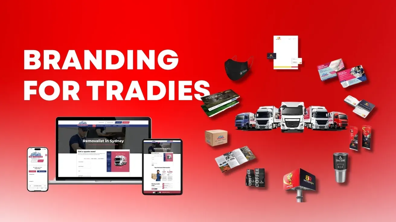 A red background with branding items for tradies on it