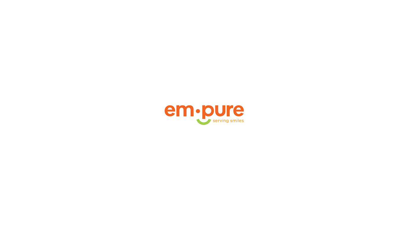 The logo for em pure is orange and green on a white background