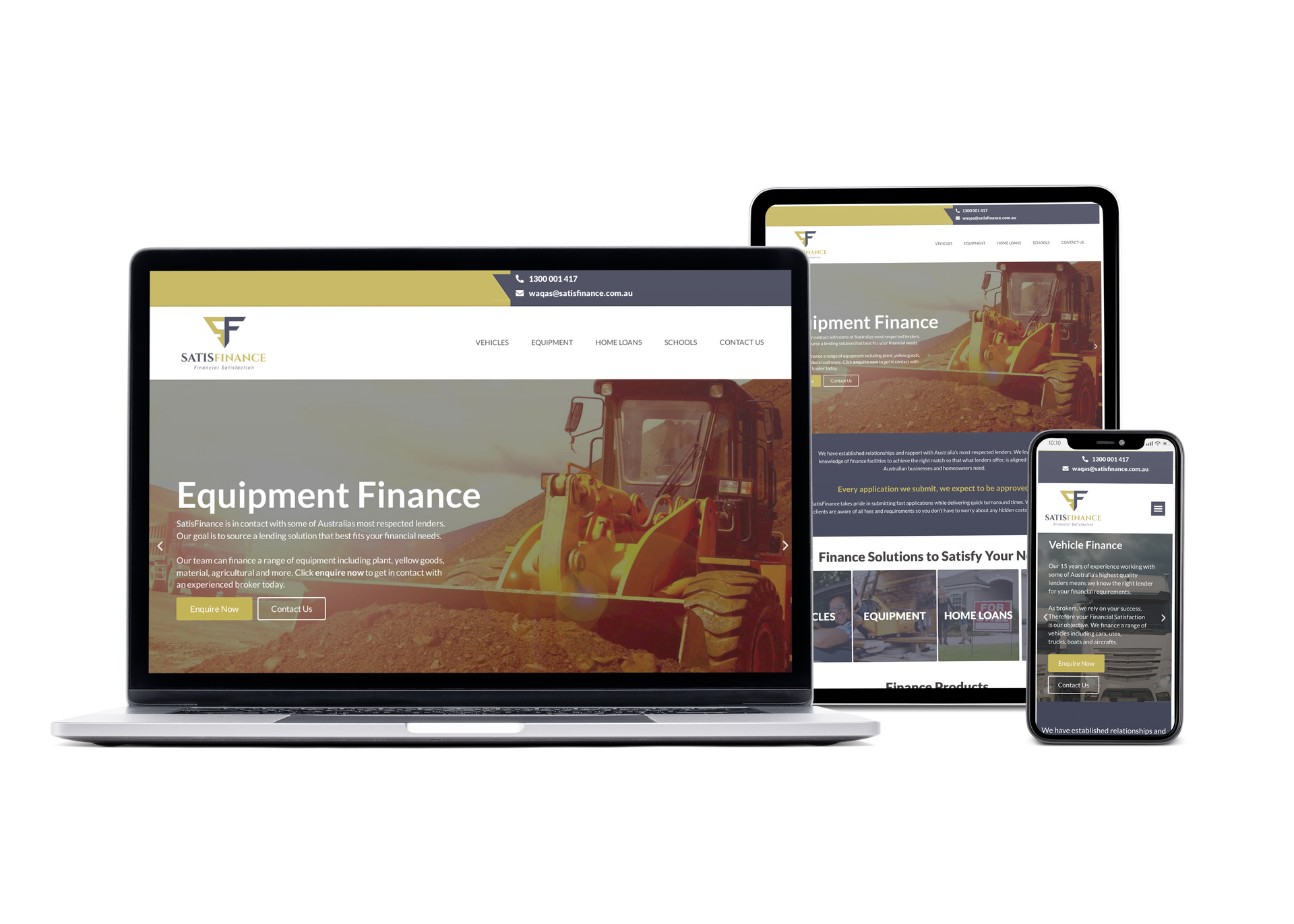 A website for equipment finance is displayed on a laptop tablet and phone