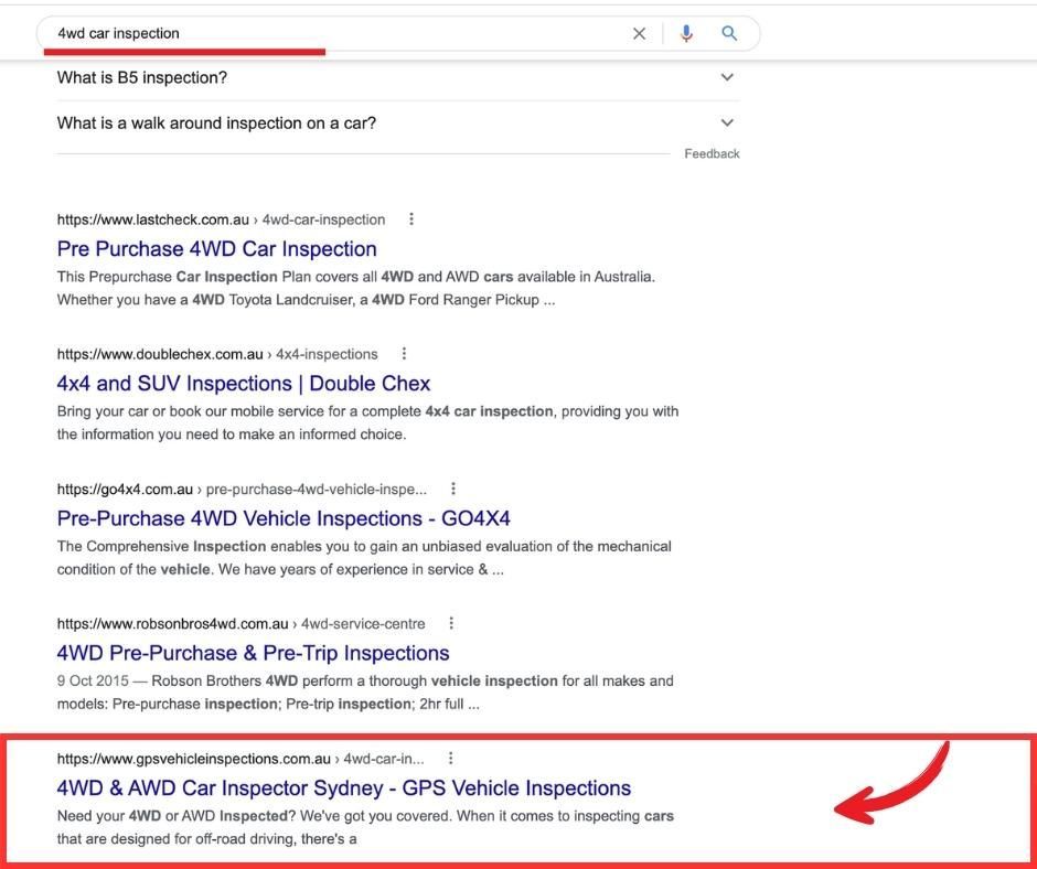 A screenshot of a google search for a car inspection.