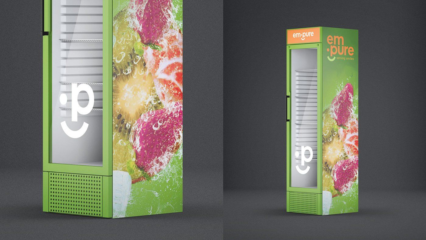 A green refrigerator with the word pure on it