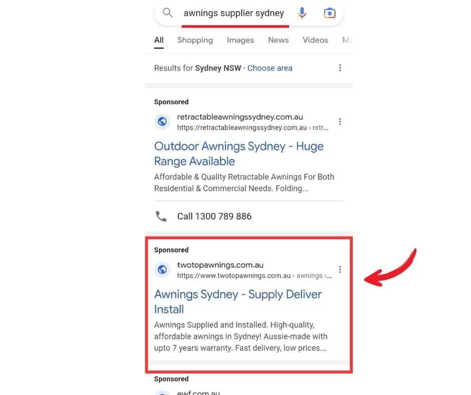 A screenshot of a google search for awnings sydney