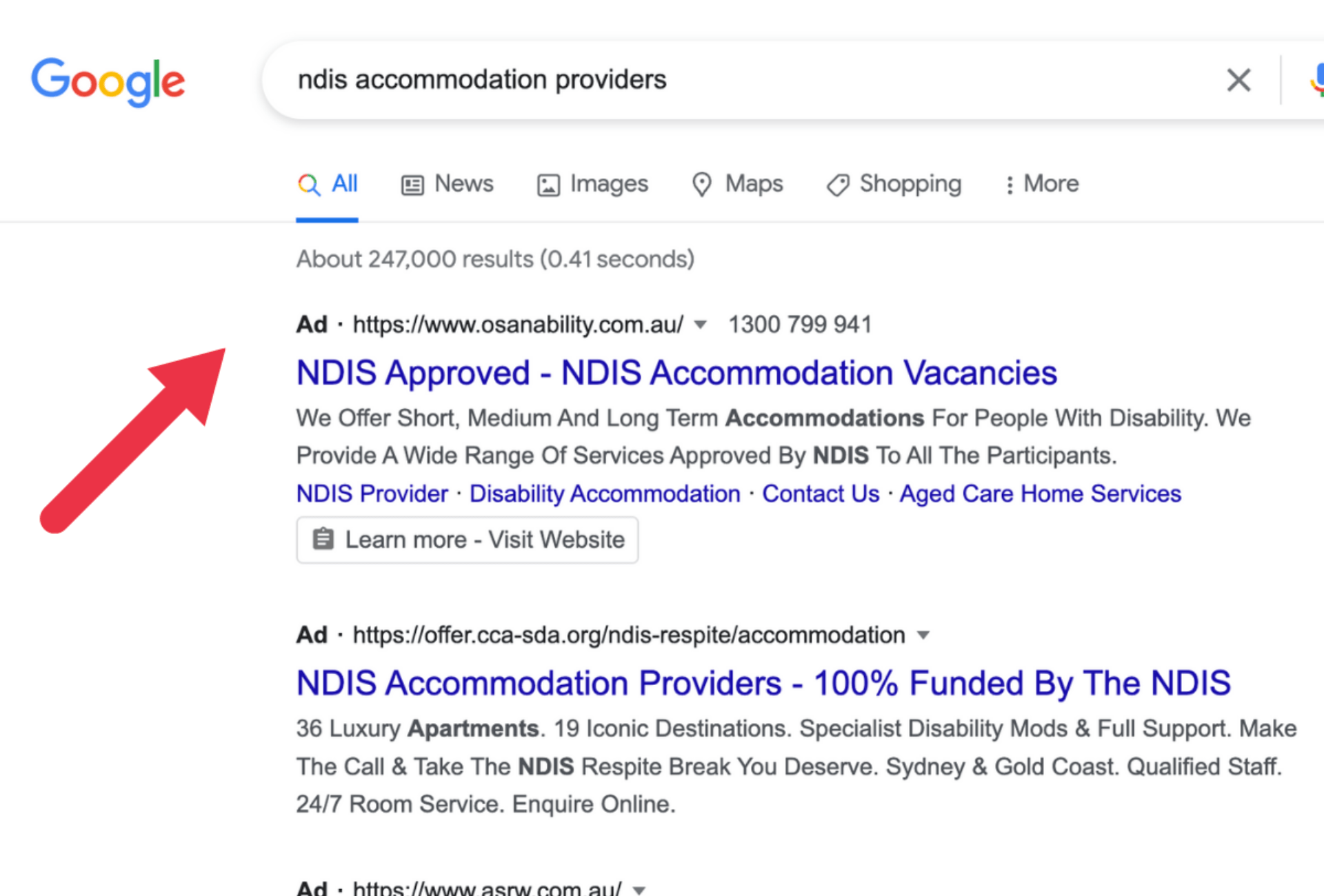 A google search for ndis accommodation providers