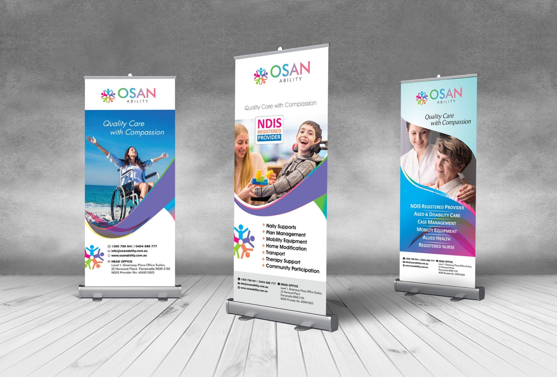 Three roll up banners with the word ocean on them