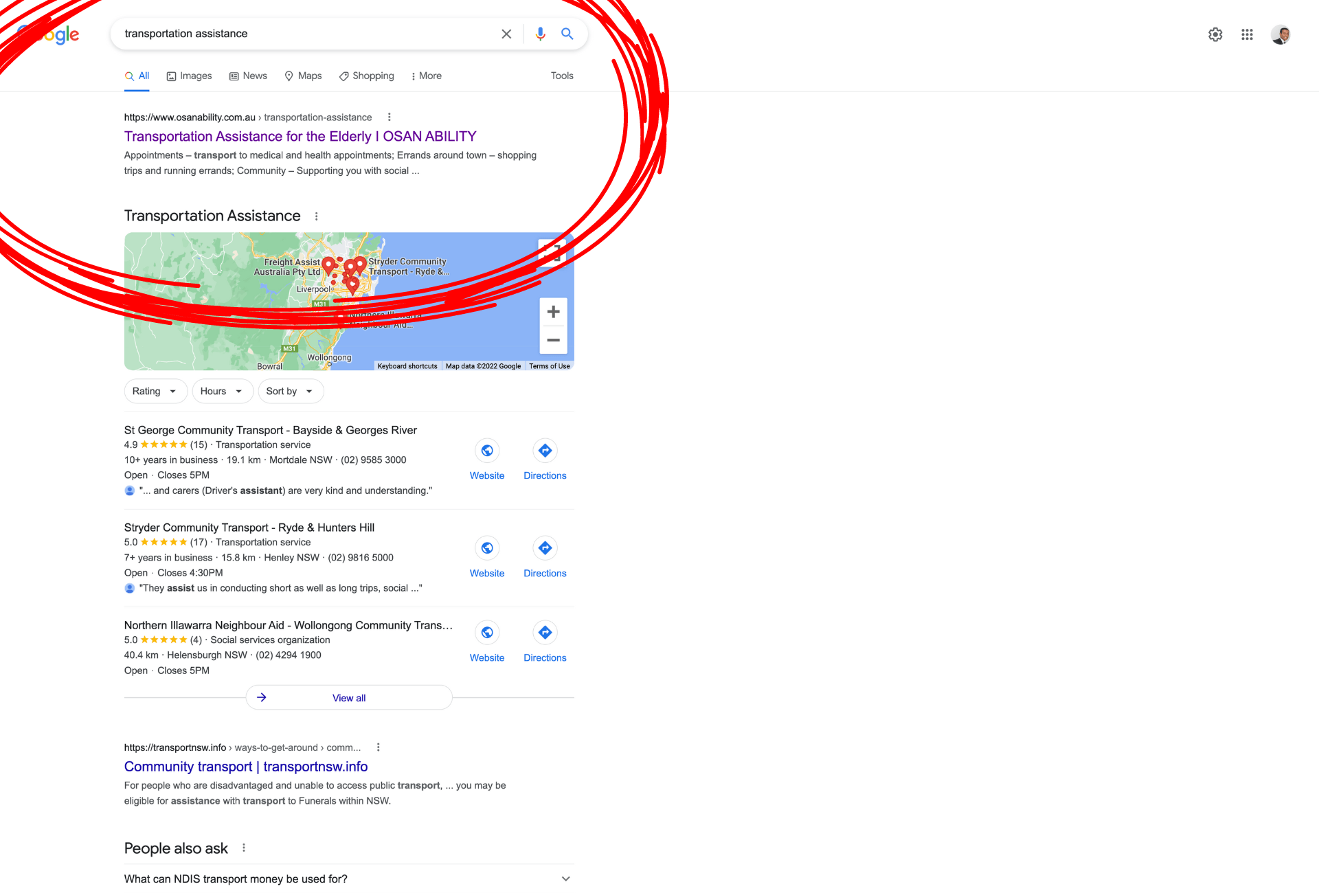 A white page with a red circle around a map
