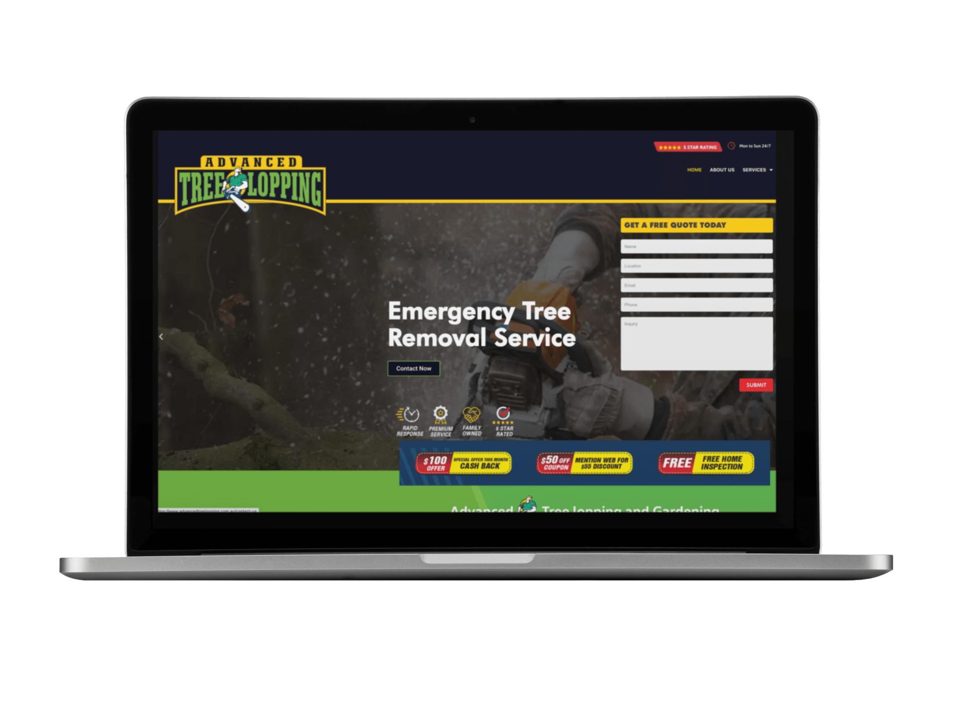 A laptop is open to a website for emergency tree removal service