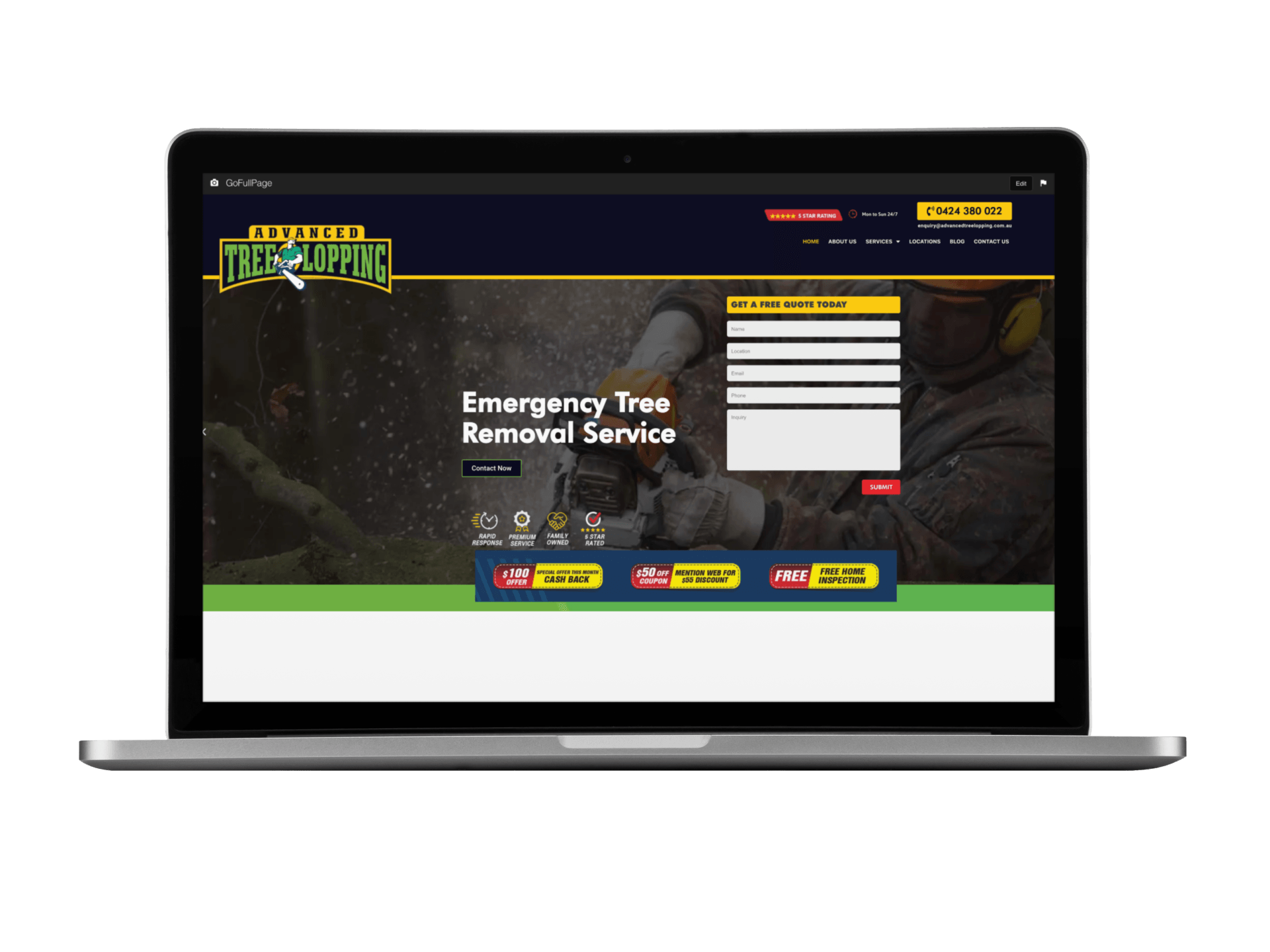 A laptop is open to a website for emergency tree removal services